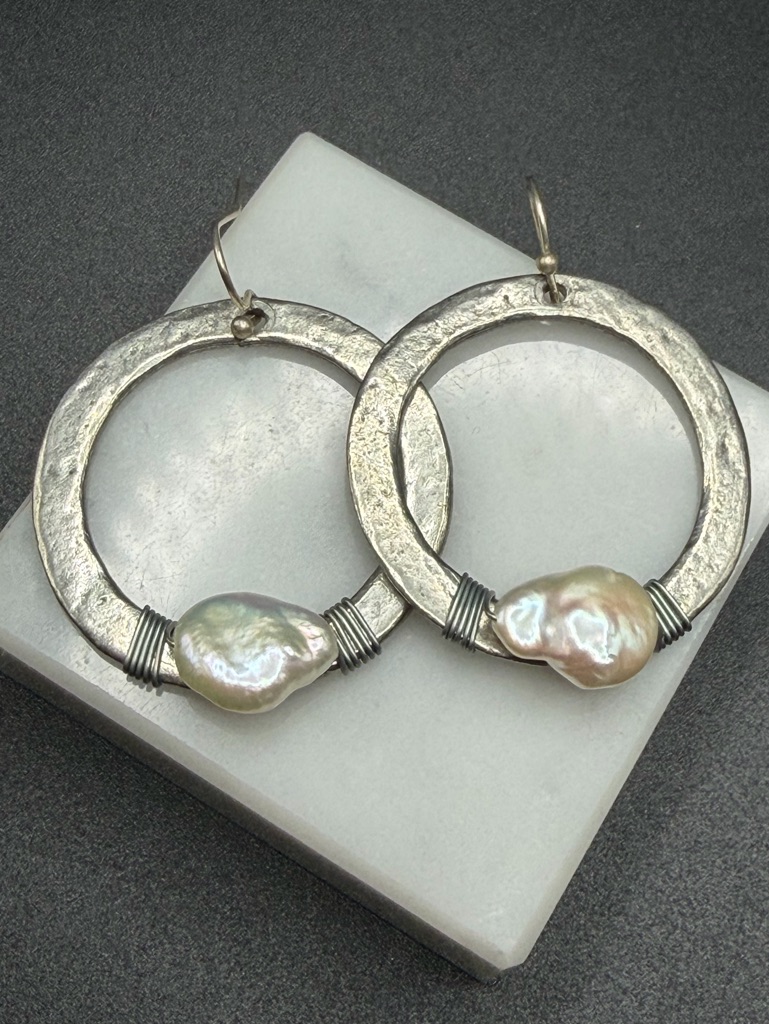 Julio Wire Wrapped Freshwater Pearl Medium Hoop Earring #464 Silver Tone